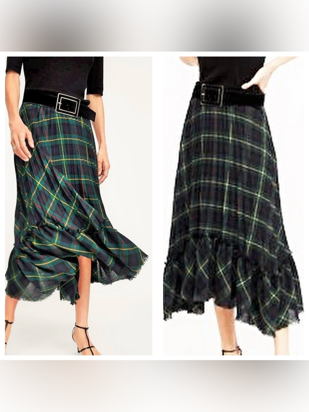 ZARA Tartan Check Flare Pleated Skirt, Irregular Hem, Asymmetrical, Fringe M